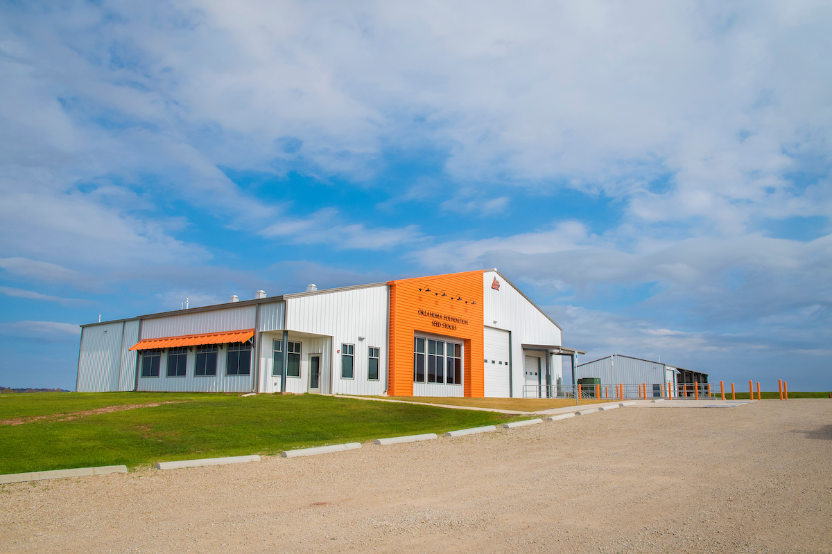 The front and right-side view of the Oklahoma Foundation Seed Stock facility.