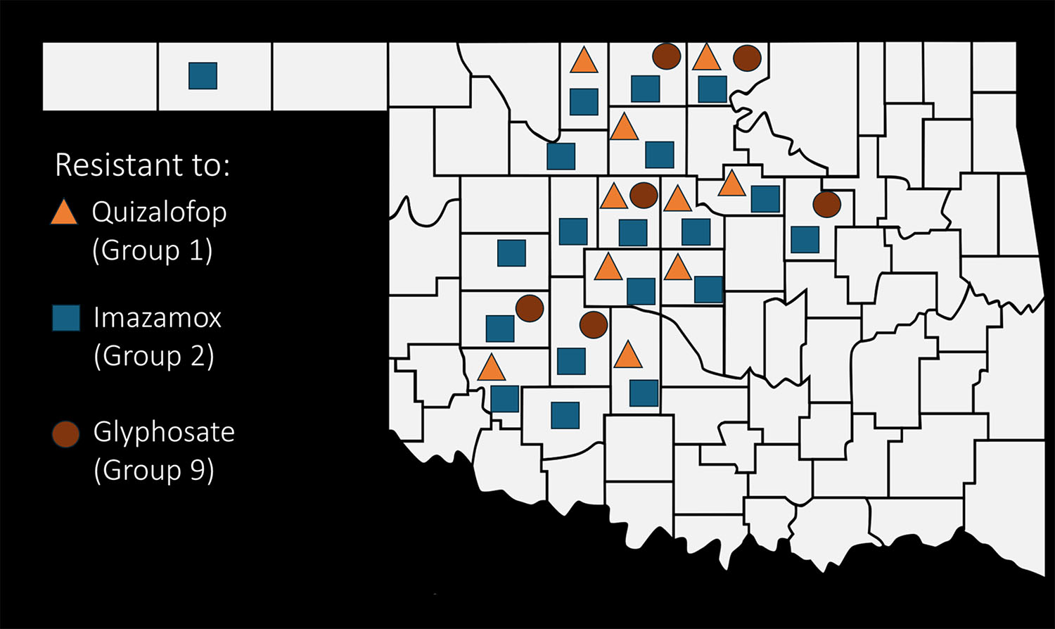 figure-1.jpg A map of Oklahoma counties showing the results of the wheat resistance study and the key showing Quizalofop (Group 1) as a triangle, Imazamox (Group 2) as a square and Gluphosate (Group 9) as a circle.
