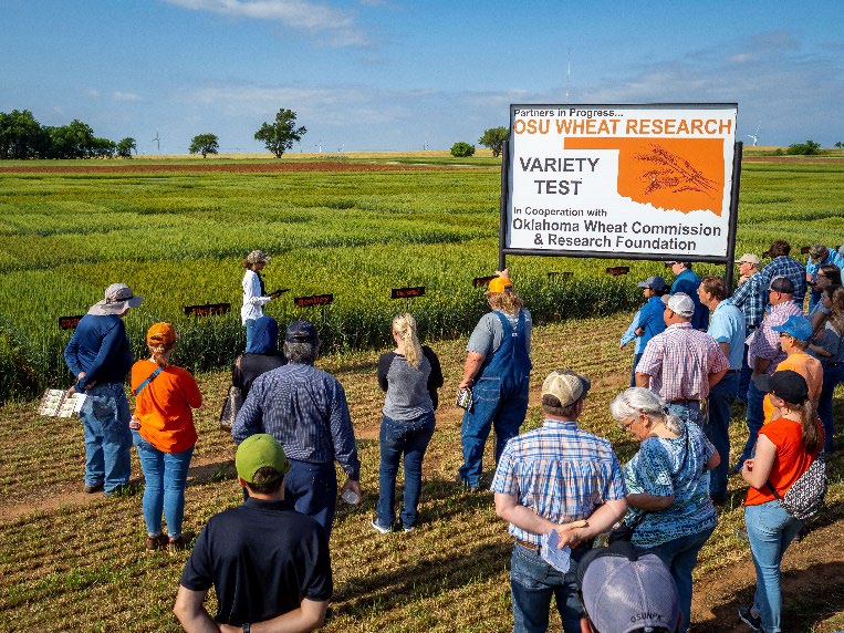 A group of people standing outside of a wheat field near a sign that reads 