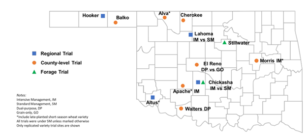 A map of Oklahoma showing the 2021-2022 Oklahoma Wheat Variety Performance Tests 12 locations 