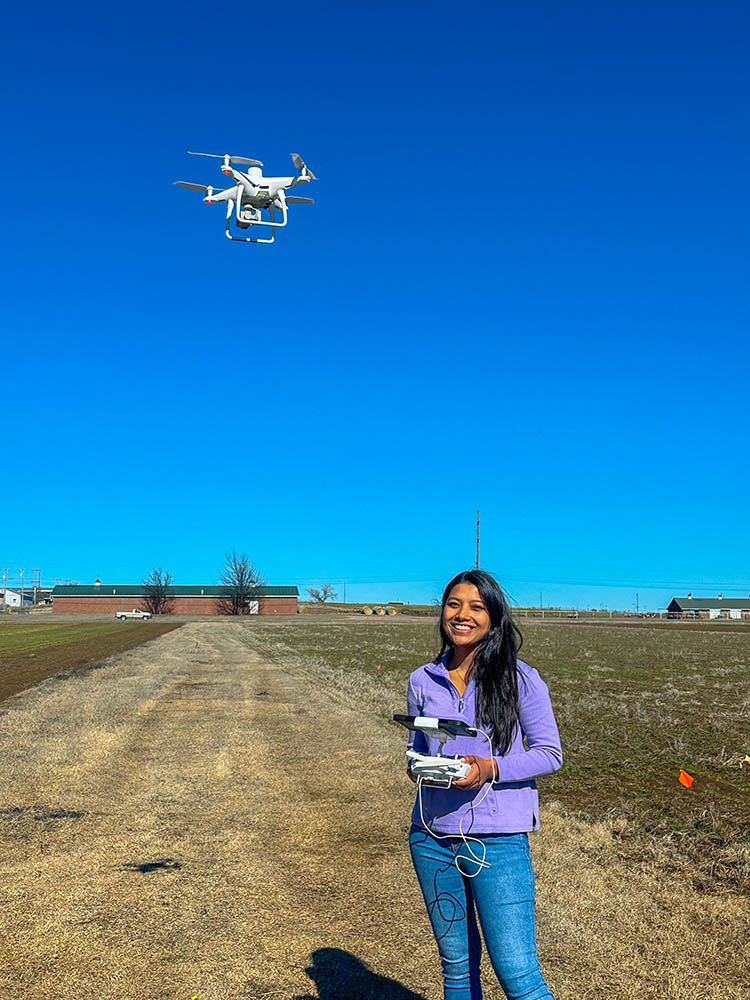 A person stood in a field, flying a drone.